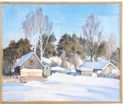 une peinture à l'huile représentant une ferme sous la neige, avec des arbres en arrière-plan