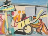 une image d'un tableau représentant des personnes sur un balcon avec une bicyclette
