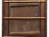 a wooden shelf that has a glass door on it