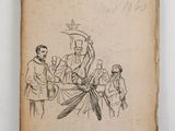 an old book with a drawing of a man holding a knife