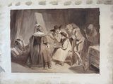 painting of a group of people standing around a bed in a room