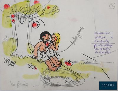 dessin humoristique représentant un homme et une femme assis sous un pommier
