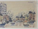 a painting of boats in a harbor with buildings in the background