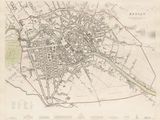an old map of a city with a red line in the middle of it