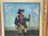 painting of a man with a cane in a field with a sky background
