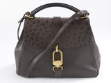 a brown and black ostrich leather handbag with gold hardware