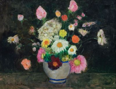 a painting of flowers in a vase on a table