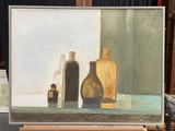a painting of bottles and a vase on a table