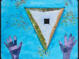 a painting of a triangle with two hands reaching for it