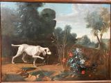 a painting of a dog and a bird in a field