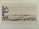 dessin représentant une vue d'une ville avec un château au loin