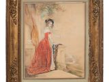 un tableau représentant une femme en robe rouge debout sur un balcon