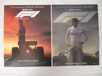 deux affiches de cinéma représentant un homme debout à côté d'une voiture de course