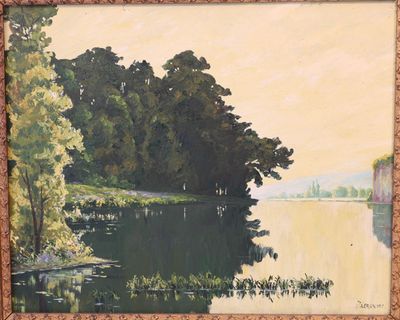 une peinture à l'huile représentant un lac avec des arbres au premier plan