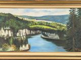 painting of a view of a river in a wooded area