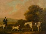 tableau représentant un homme à cheval accompagné de chiens et d'un autre homme à cheval
