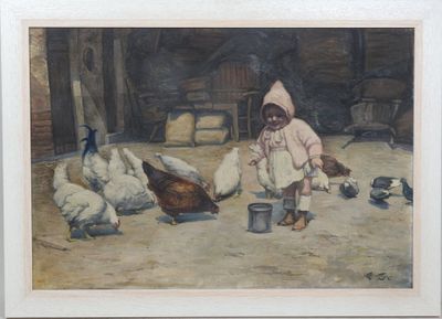 un tableau représentant une petite fille en train de nourrir des poules dans une grange