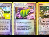 three pokemon cards are shown in a row on a black background
