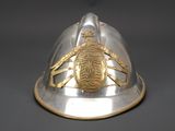 a silver and gold helmet with a bug on it