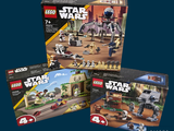 Trois coffrets Lego Star Wars sont présentés dans une boîte sur fond bleu