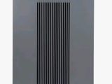 a gray air purifier sitting on top of a white surface