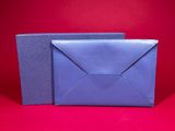 two blue envelopes sitting on top of each other on a red background