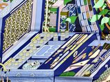 a painting of a blue suitcase with many items on it