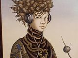 painting of a woman with headphones and a flower in her hand