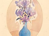 un tableau représentant un vase bleu contenant des fleurs violettes