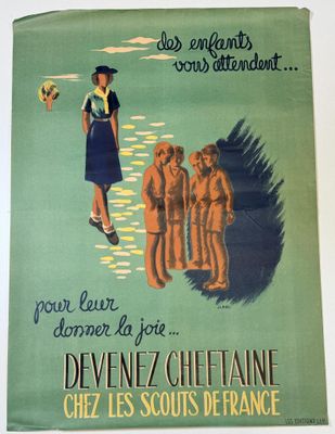 french poster of a woman leading a group of children in a field
