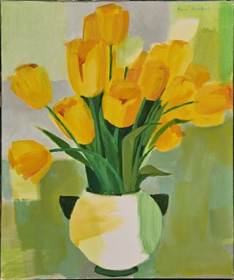 painting of yellow tulips in a white vase on a green background