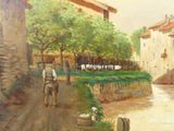 a painting of a man riding a horse down the street