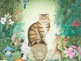 un tableau représentant un chat entouré d'animaux de la jungle