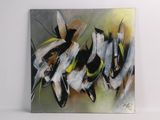peinture abstraite représentant un essaim d'abeilles sur fond blanc