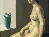 painting of a nude woman sitting in front of a window with a vase in the background