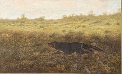 a painting of a dog and a duck in a field