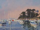 painting of boats in a harbor with a castle in the background