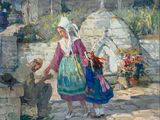an oil painting of a woman and a man standing next to each other
