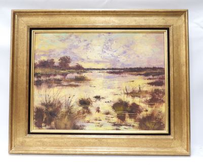 une peinture à l'huile représentant un paysage avec une rivière au premier plan