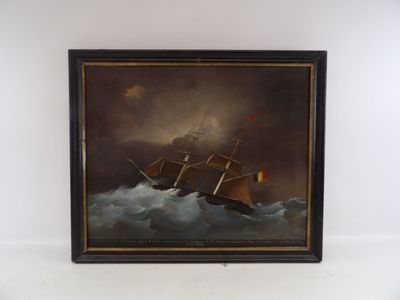 une peinture à l'huile représentant un navire sur une mer agitée
