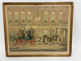 an old picture of a horse drawn carriage in front of a building