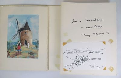 an open book with a drawing of a windmill and a drawing of people