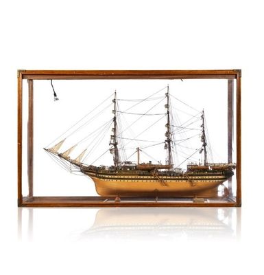 wooden model of a tall ship in a glass case