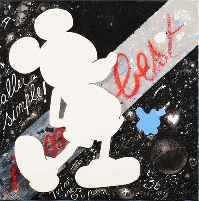painting of a mickey mouse on a black background with writing on it