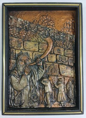 painting of a man blowing a horn in front of a group of people