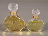 pair of glass perfume bottles sitting on top of a table