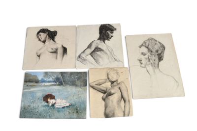 six dessins représentant une femme et un enfant dans un champ d'herbe