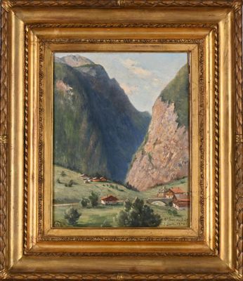 a painting of a mountain scene with a valley in the foreground