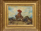 une image représentant un tableau où l'on voit un homme à cheval tenant un parapluie rouge