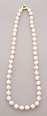 a white pearl necklace with a gold clasp